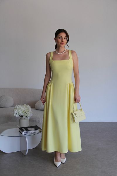 Julidress Yellow Strap Pleated Bell Cut Maxi Long Length Premium Pencil Evening Dress Invitation Dress