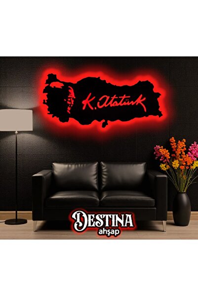 Destina Ahşap - Destina Ahşap Atatürk Temalı Türkiye Haritası- Atatürk İmzalı Tablo - Led Duvar Dekorasyon Tablo
