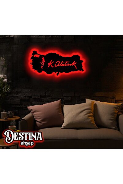 Destina Ahşap - Destina Ahşap Atatürk Temalı Türkiye Haritası- Atatürk İmzalı Tablo - Led Duvar Dekorasyon Tablo