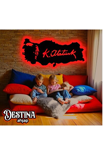 Destina Ahşap - Destina Ahşap Atatürk Temalı Türkiye Haritası- Atatürk İmzalı Tablo - Led Duvar Dekorasyon Tablo