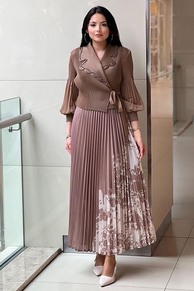 Mahal Double Breasted Collar Pearl Pleated Accordion Dress