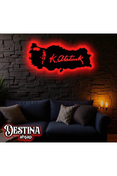 Destina Ahşap - Destina Ahşap Atatürk Temalı Türkiye Haritası- Atatürk İmzalı Tablo - Led Duvar Dekorasyon Tablo