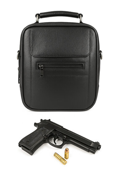 Çantachım حقيبة حمل المسدس للرجال من الجلد باللون الأسود مع بكرة فولاذية