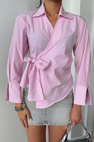 Silerra Striped Poplin Double Breasted Tie Shirt - Pink