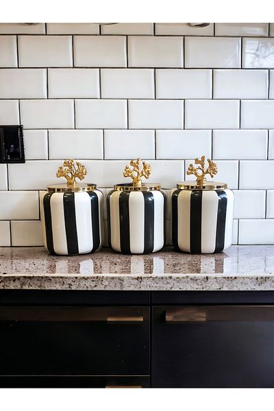 ferayhome Spice Bowl Ceramic Set of 3 Black Vertical Line Coral Zamak 1.4 Liter ( Coffee, Tea, Sugar ) Feray Home