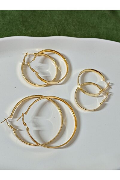 mos&more Gold 6 lı Set, 3 Boy Halka Şık Kadın Küpe, Geniş