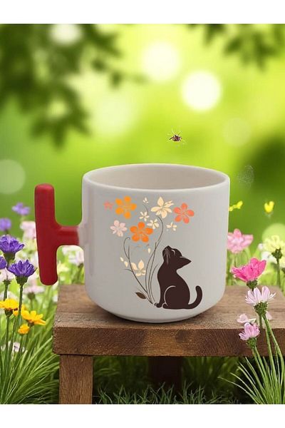 lili hediyelik Flower and Cat Printed 3-Piece Red Handled Ceramic Mug