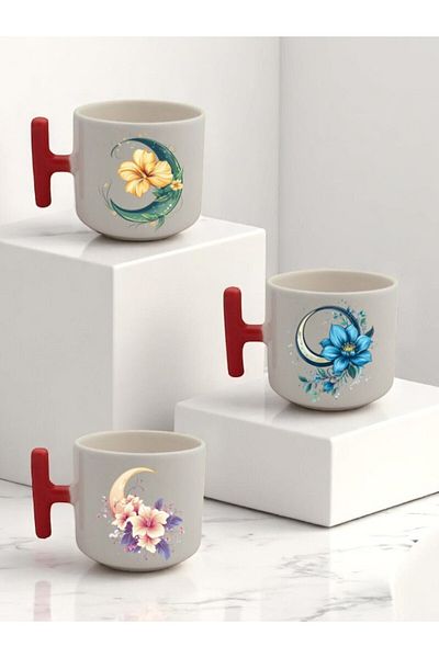 lili hediyelik Flower and Moon Printed 3-Piece Red Handled Ceramic Mug