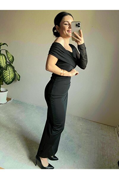 STEALLE MODA GİYİM Tek Kol Tül Detaylı Likralı Elbise-1025