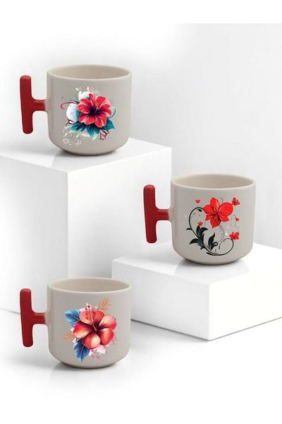 lili hediyelik Flower Pattern Printed 3-Piece Red Handled Ceramic Mug