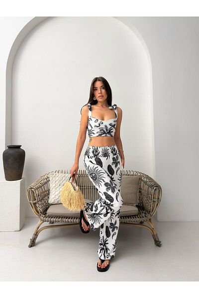 Jeevee Black Tropical Patterned Double Summer Suit with Tie Strap