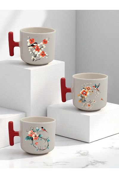 lili hediyelik Flower and Bird Printed 3-Piece Red Handled Ceramic Mug