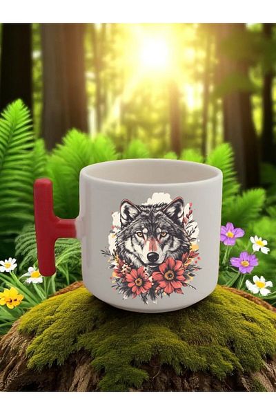 lili hediyelik Flower and Wolf Printed 3-Piece Red Handled Ceramic Mug