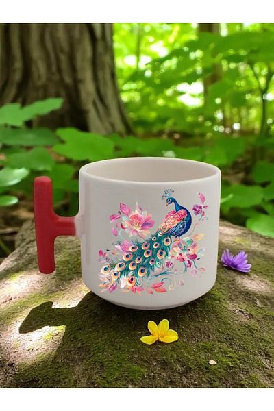 lili hediyelik Flower and Peacock Printed 3-Piece Ceramic Mug with Red Handle