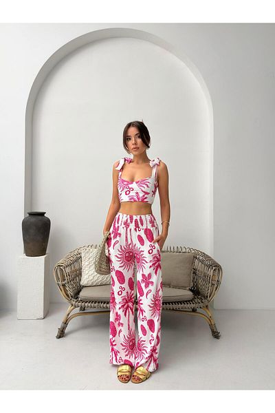 Jeevee Pink Tropical Patterned Double Summer Suit with Tie Strap