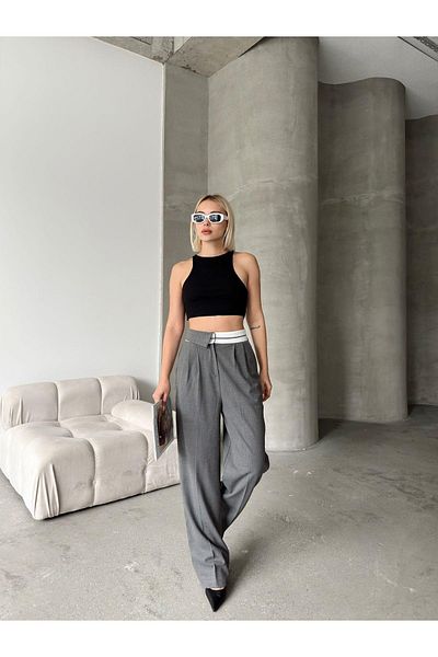 Jeevee Half Reverse Belt Wide Leg Polyviscose Trousers
