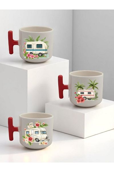 lili hediyelik Flower and Caravan Printed 3-Piece Ceramic Mug with Red Handle