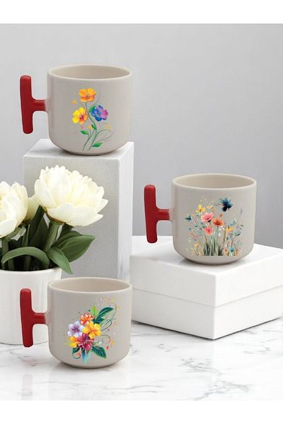 lili hediyelik Minimal Flower Printed 3-Piece Red Handled Ceramic Mug