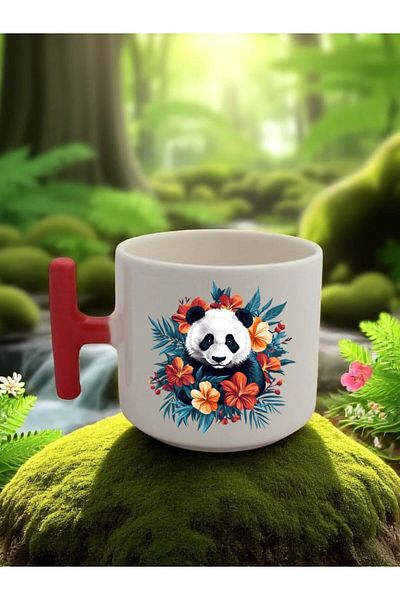lili hediyelik Flower and Panda Printed 3-Piece Red Handled Ceramic Mug