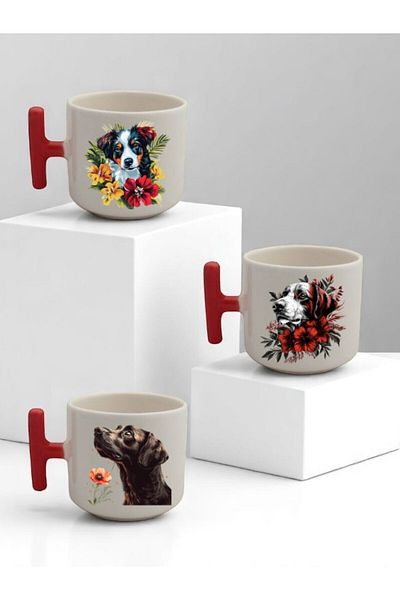 lili hediyelik Flower and Dog Printed 3-Piece Red Handled Ceramic Mug