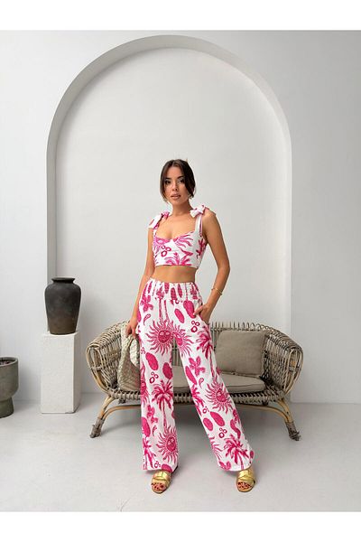Jeevee Pink Tropical Patterned Double Summer Suit with Tie Strap