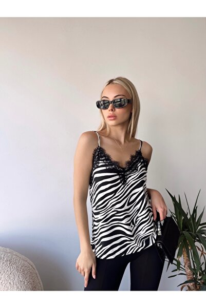 ladyzey Bluză de damă cu model zebră și guler cu dantelă și curea de frânghie reglabilă