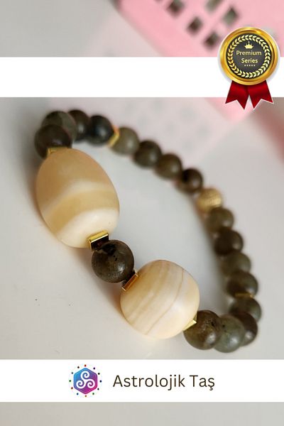 Astrolojik Doğal Taş Bracelet Natural Stones (Calcite and Labradorite) for Sale with Leadership Khaki