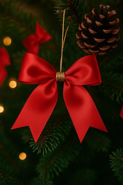Emtory 5 Pieces Gold Detailed Red Satin Ribbon Christmas Tree Ornament