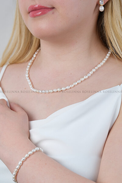 ROSELİNNA Gerçek Inci Kolye, Bileklik Küpe Set, Gerçek Tatlı Su Incisi Set | Clara Model