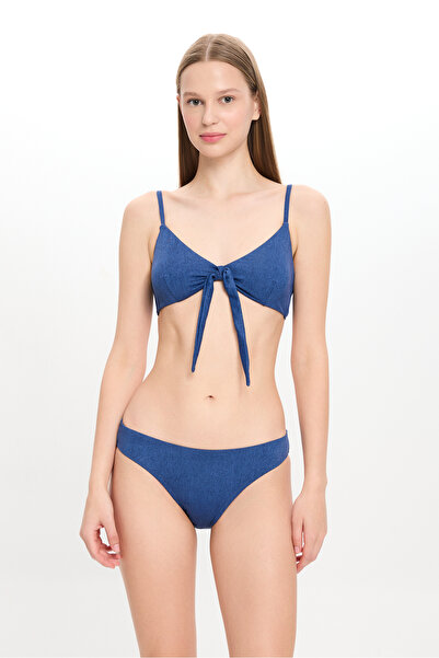 TOO SALTY SWIMWEAR Kadın Mavi Kot Görünümlü Önden Bağlama Detaylı Fiyonklu Geniş Üçgen Bikini Takımı 24s119st
