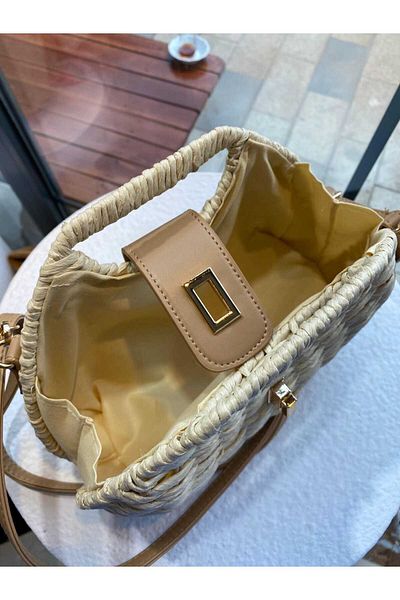 Zeynep Keskin Design Geantă de damă din paie, geantă de umăr din ratan pentru femei, geantă de mână și de umăr Hazeran, geantă de plajă