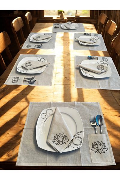 Menar Tasarım Lotus Flower Embroidered American Service Set Napkin Set 6-Person Dining Tablecloth Set
