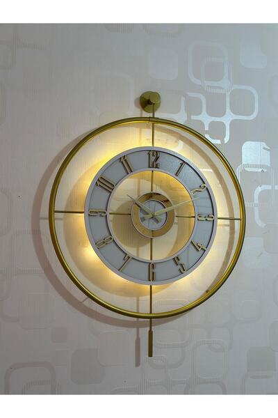 Pey Aksesuar Metal Camlı Duvar Saati 60x80 Cm Büyük Boy Işıklı Gerçek Cam Gold-şeffaf-beyaz-gold