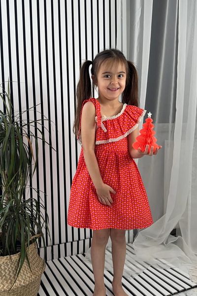 KALİNKA KİDS WEAR One Shoulder Ruffle Girl's Dress Red