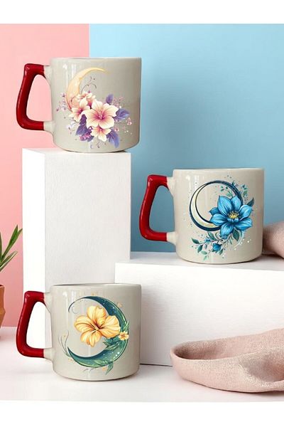 lili hediyelik Moon and Flower Printed Red Handle 3-Piece Mug Cup Ceramic Coffee Cup