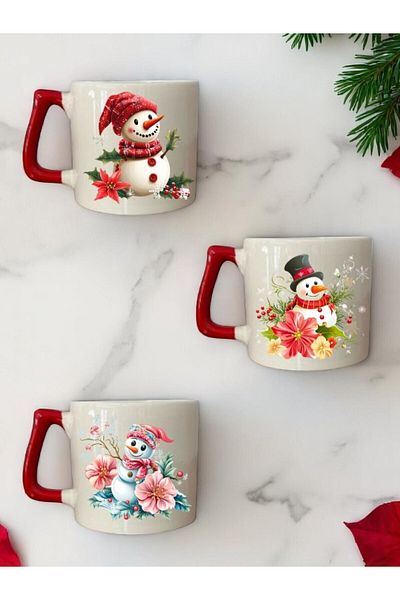 lili hediyelik Snowman and Flower Printed Red Handle 3-Piece Mug Cup Ceramic Coffee Cup