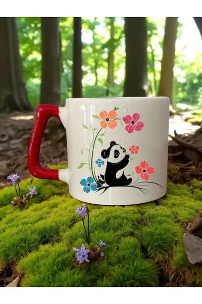 lili hediyelik Panda and Flower Printed Red Handle 3-Piece Mug Cup Ceramic Coffee Cup