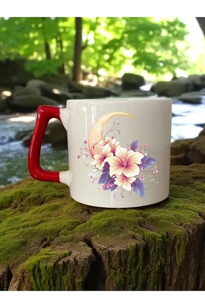 lili hediyelik Moon and Flower Printed Red Handle 3-Piece Mug Cup Ceramic Coffee Cup