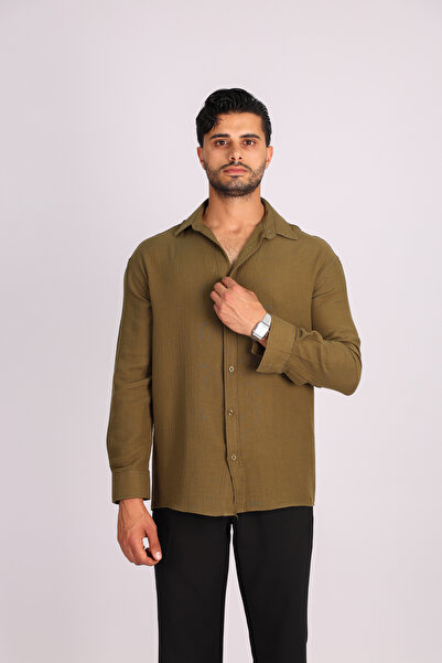 JAKOTTO Breathable Muslin Fabric Long Sleeve Collar Black Men's Shirt