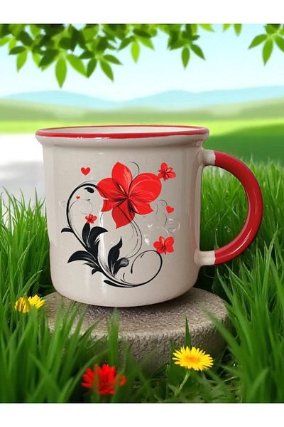 lili hediyelik Flower Pattern Printed Red Mouth 3-Piece Ceramic Mug