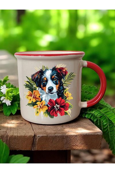 lili hediyelik Dog and Flower Printed Mouth Red 3-Piece Ceramic Mug