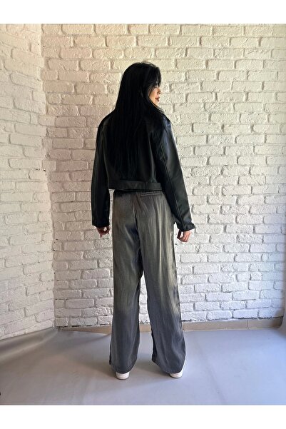 moneta boutique Women's Shiny Palazzo Trousers with Snap Detail on the Waist