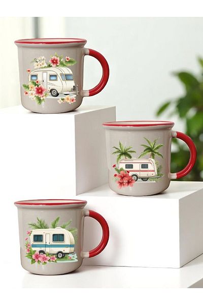 lili hediyelik Caravan and Flower Printed Red Mouth 3-Piece Ceramic Mug