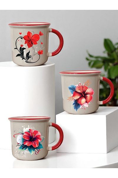 lili hediyelik Flower Pattern Printed Red Mouth 3-Piece Ceramic Mug