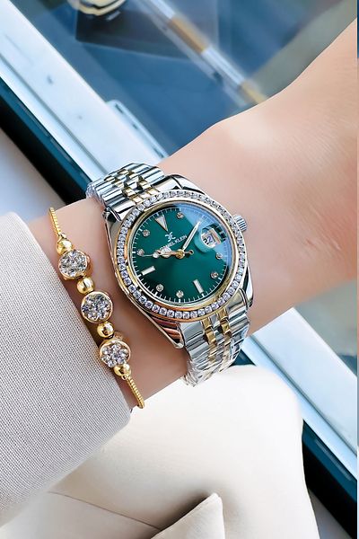 Daniel Klein Small Case Waterproof Women Wristwatch Gold Silver Green Steel Cord Gift Bracelet Dkby2034C3