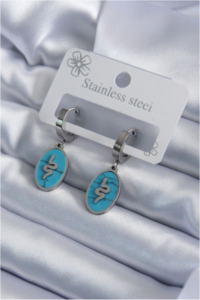 Store 316L Steel Silver Color Oval Blue Stone Snake Figure Women's Earrings - Tj-Bkp7940