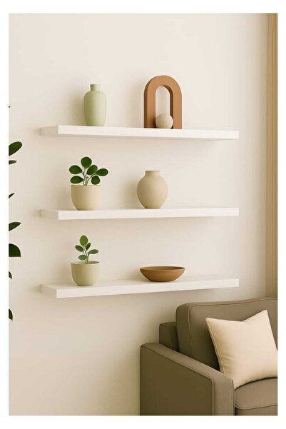 yankı-byeg 50 Cm 3lü Mat Beyaz Mdf Uçan Duvar Rafı Gizli Bağlantı Kitaplık
