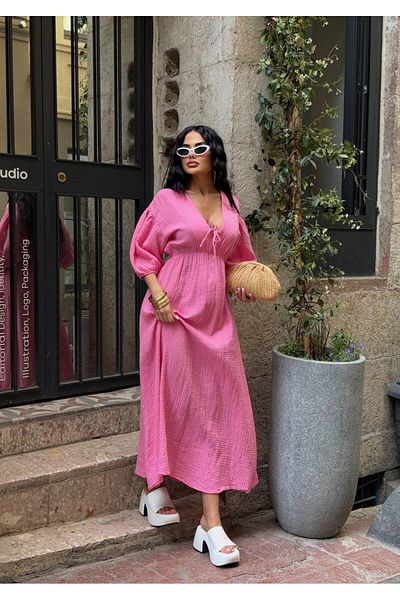 Stil Sepeti Rochie midi pentru femei, roz, cu decolteu în V, din muselină, cu talie elastică, mânecă cu balon RU- 10003008