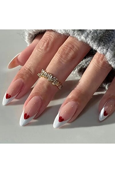 Genel Markalar Women's Heart 24'lü Orta Boy Badem Kalp Motifli Takma Tırnak Seti