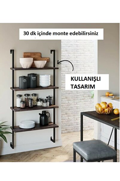 Plus aksesuar Ceviz Renk Duvara Monte 4 Katlı Şık Tasarımlı Duvar Aksesuar Metal Iskeletli Duvar Dekoru Kitaplık